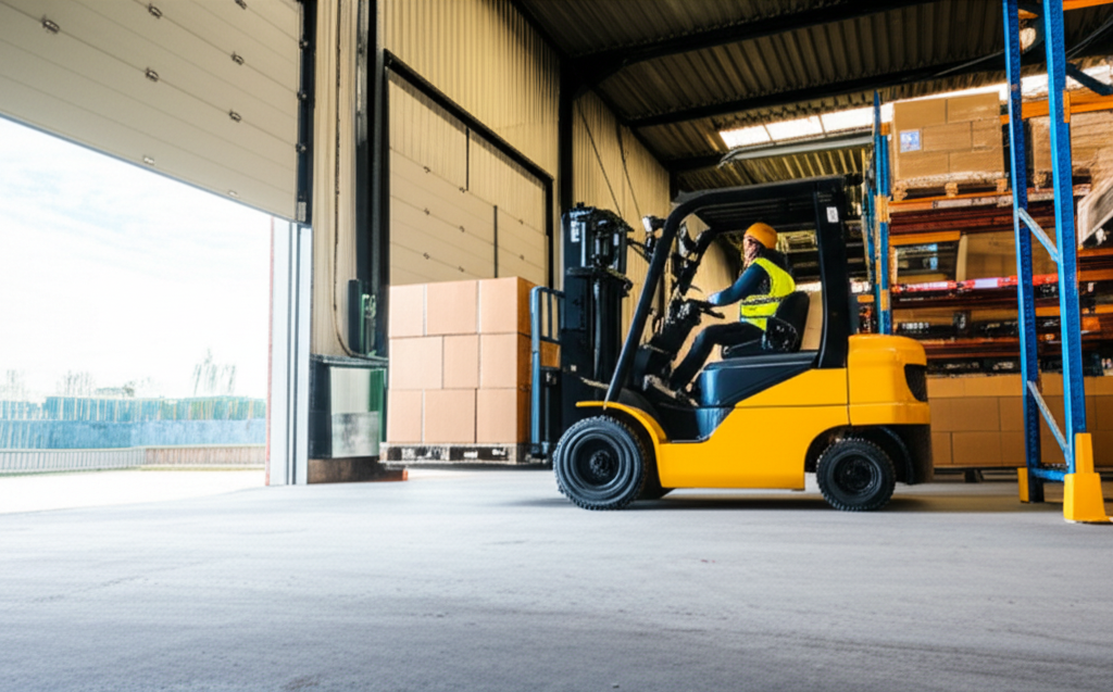 Forklift loading freight at warehouse dock