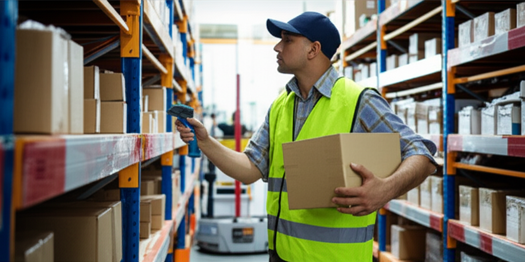 Warehouse worker picking orders with scanner
